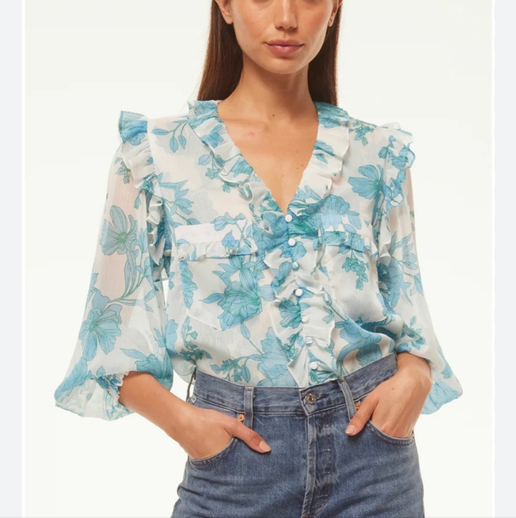 The Misa Los Angeles Sacha Top Nwt Size M Blue White Floral Ruffles